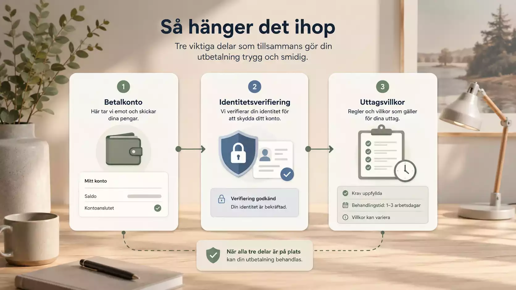 Översikt över betalningskonto, identitetskontroll och uttagsvillkor